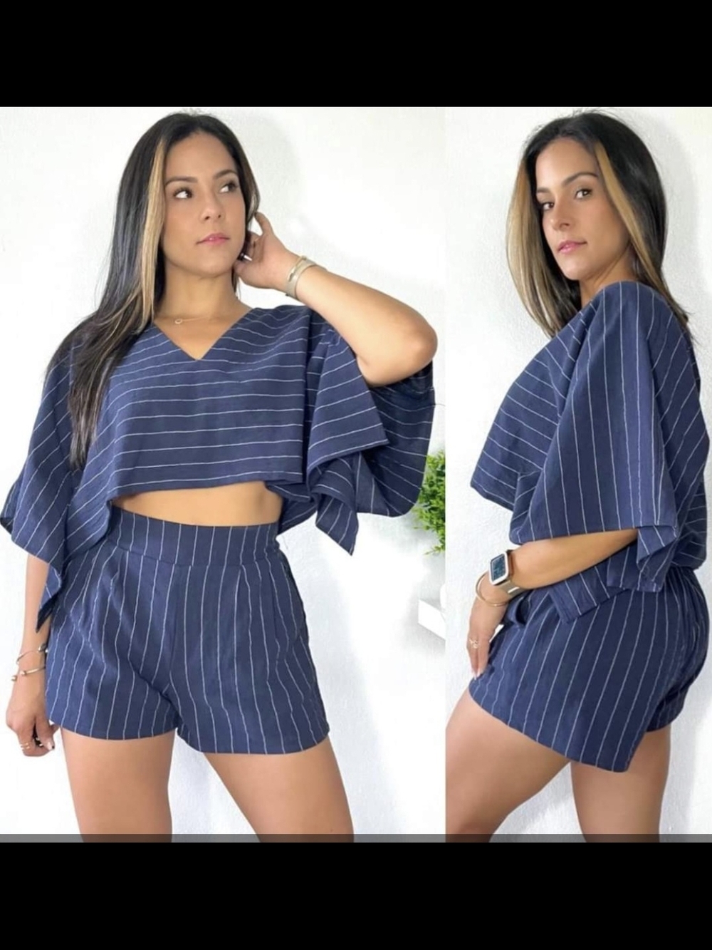 Navy Pinstripe Two-Piece Crop Top & Shorts Set